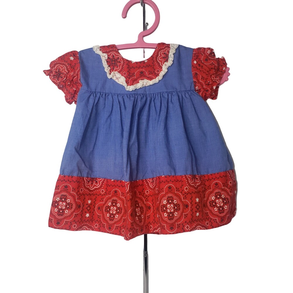 VINTAGE Denim Bandana Print Dress Baby Girls Size 9 Months
